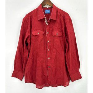 Leonardo Valenti Short Mens Button Down Long Sleeve Linen Pockets Red XXL